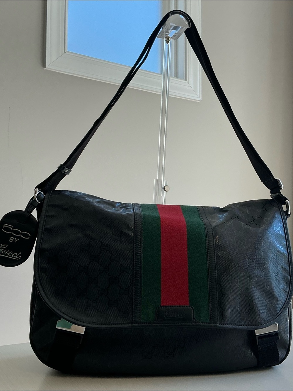 Gucci x Fiat 500 Messenger Bag Black GG Imprime Web Double Buckle Flap Crossbody